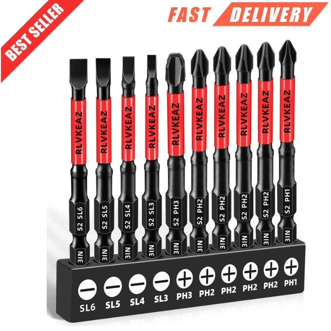10-PCS 3" Long Magnetic Screwdriver Bits Set: Phillips Bits #1/#2/#3 & Slotted