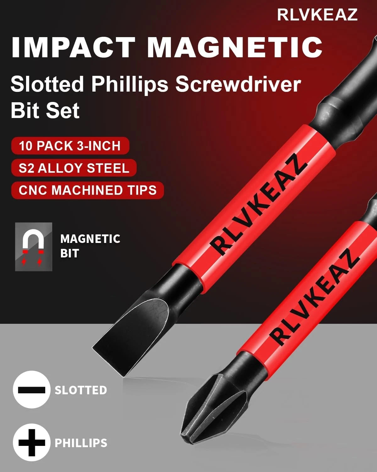 10-PCS 3" Long Magnetic Screwdriver Bits Set: Phillips Bits #1/#2/#3 & Slotted