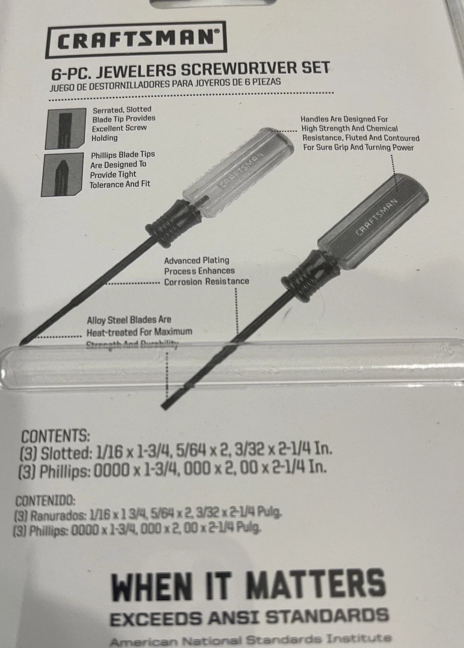 NEW CRAFTSMAN 6 PC JEWELERS PRECISION SCREWDRIVER SET 9-41106 Phillips and Flat