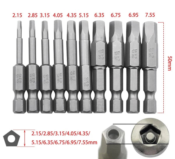 10-Piece Magnetic Pentagon Head Screwdriver Bit Set Metric Sizes 1/4 Inch Hex...