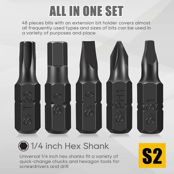 AEJ 49-Pack Screwdriver Bit Set, Hex Head Drill 12pc Torx Bits, Black