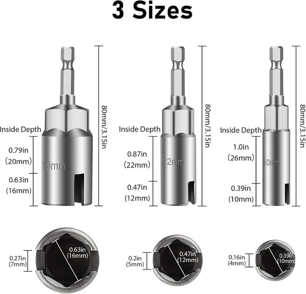 3PCS Power Wing Nut Driver Hook Drill Bit Socket Wrench Tool 1/4 Inch Hex Shank