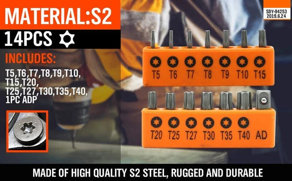 14PC Security Bit Tamper Proof Torx Screwdriver Star Hex Holder Tool T5 - T40-