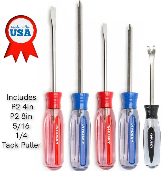 5 PIECE - Husky Screwdriver Set, 2 #2PH, 2 Flat Head, w/ free Tack puller