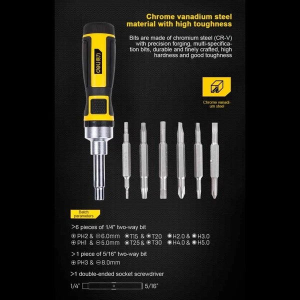 6 in 1 Slotted Ratchet Screwdriver Magnetic Bits Screw Driver Dual Purpose Tools