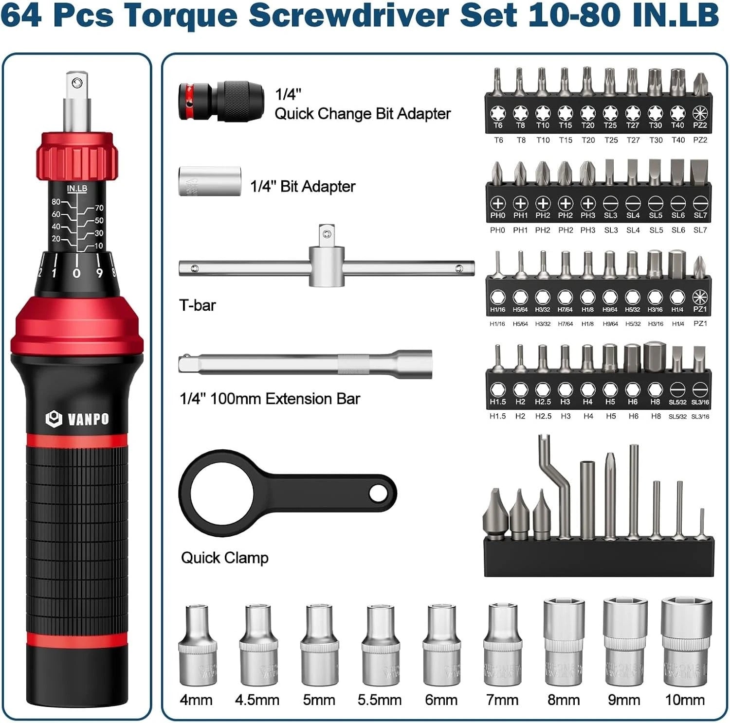 64-Piece Precision Torque Screwdriver Set 10-80 in-lb for Electronics & DIY