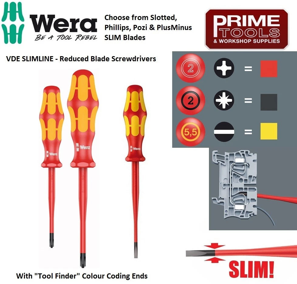 Wera Kraftform VDE Insulated SLIMLINE Screwdriver Phillips, Pozi, Slotted Slim