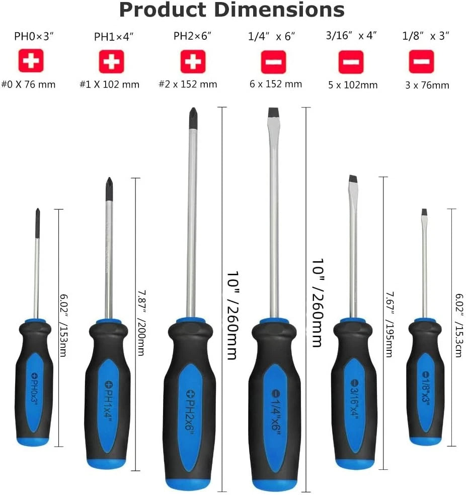 Magnetic Screwdrivers Set, 6 Pieces Slotted & Phillips Screwdriver with Blue