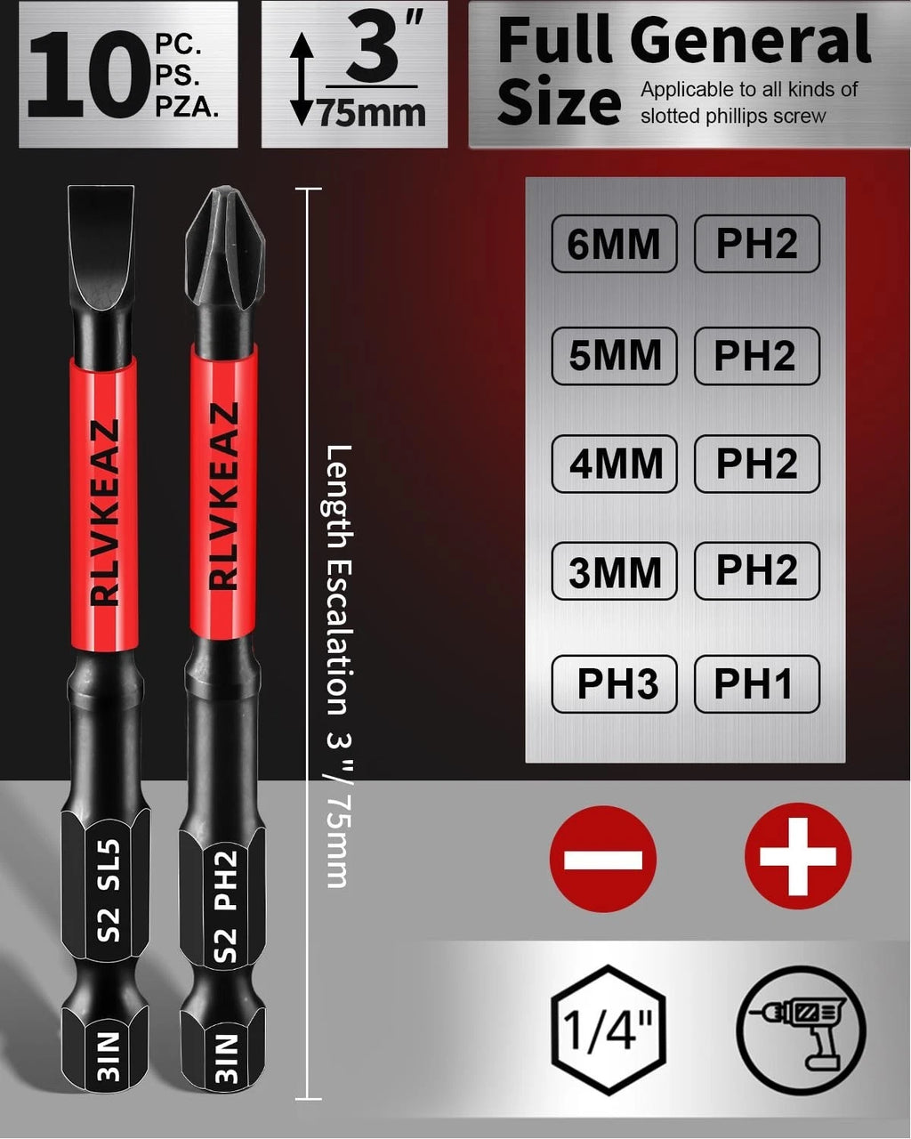 10-PCS 3" Long Magnetic Screwdriver Bits Set: Phillips Bits #1/#2/#3 & Slotted
