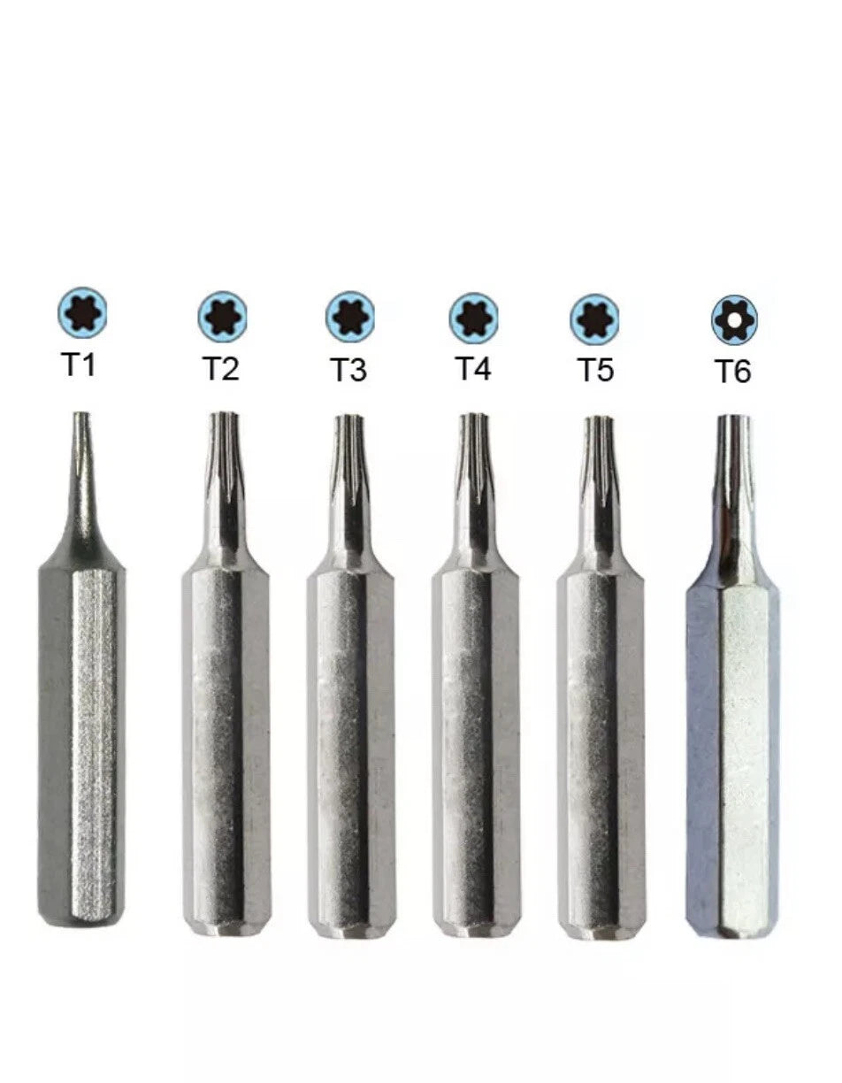 6X Torx screwdriver Bit Set T1, T2, T3, T4, T5, TR6 (T6 Security) repair 4mm Hex