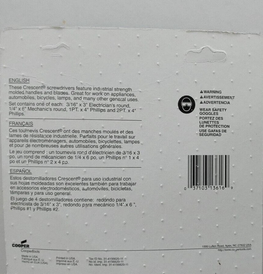 Vintage Crescent 4 Piece Screwdriver Set-Made In USA by Cooper Tools/Brand New!!