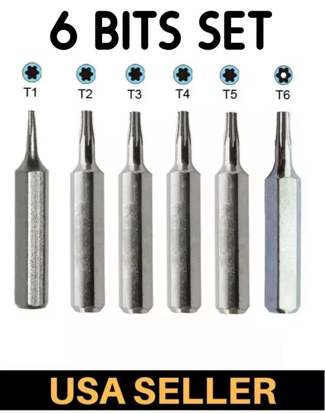 6X Torx screwdriver Bit Set T1, T2, T3, T4, T5, TR6 (T6 Security) repair 4mm Hex
