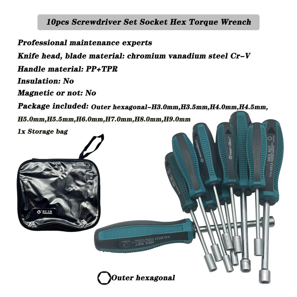 10pcs Screwdriver Set Socket Hex Torque Wrench Multitool Hex 3-9MM Repair Tools