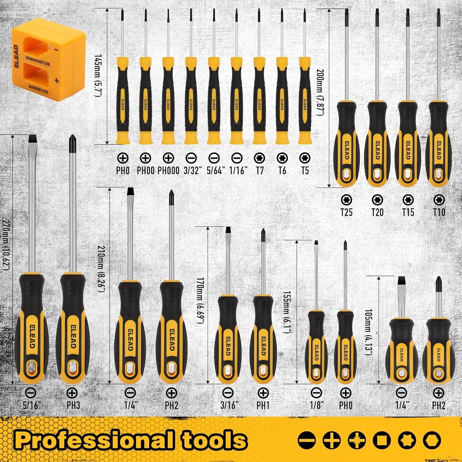 Magnetic Screwdriver Set with Case: 86-Piece Slotted Phillips, Yellow+black