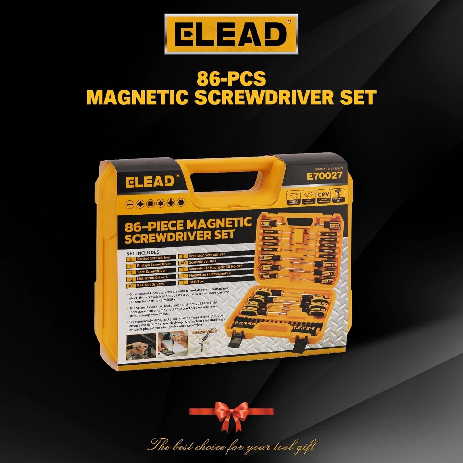 Magnetic Screwdriver Set with Case: 86-Piece Slotted Phillips, Yellow+black