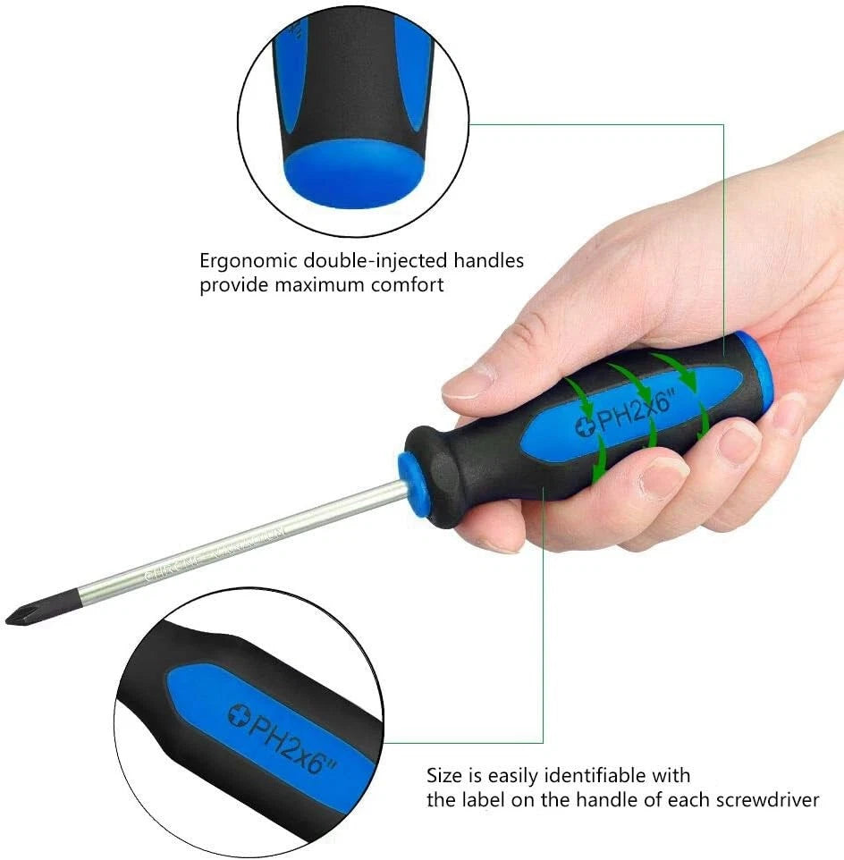 Magnetic Screwdrivers Set, 6 Pieces Slotted & Phillips Screwdriver with Blue
