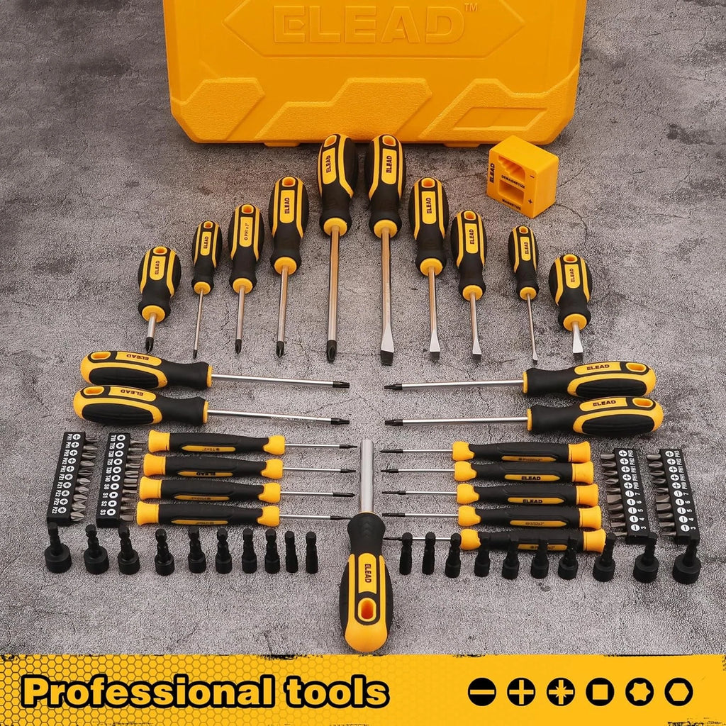 Magnetic Screwdriver Set with Case: 86-Piece Slotted Phillips, Yellow+black