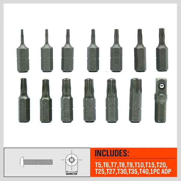 14PC Security Bit Tamper Proof Torx Screwdriver Star Hex Holder Tool T5 - T40-