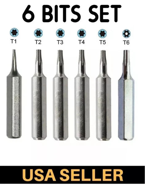 6X Torx screwdriver Bit Set T1, T2, T3, T4, T5, TR6 (T6 Security) repair 4mm Hex