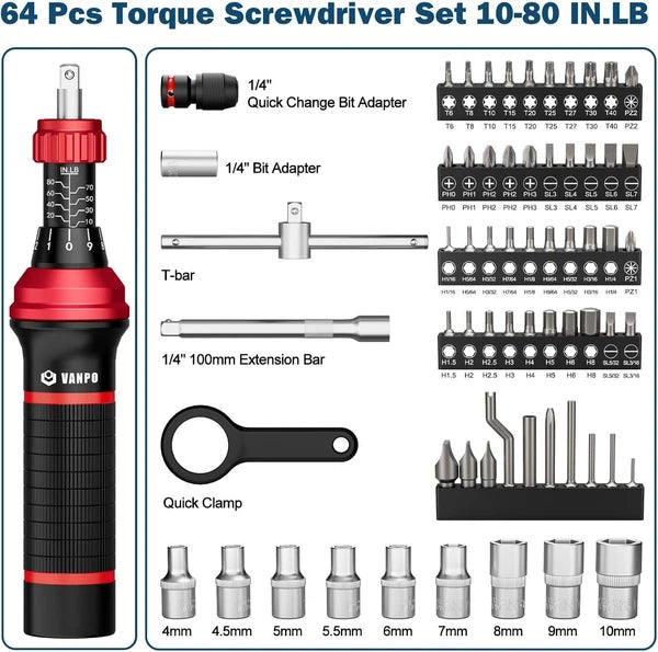 64-Piece Precision Torque Screwdriver Set 10-80 in-lb for Electronics & DIY