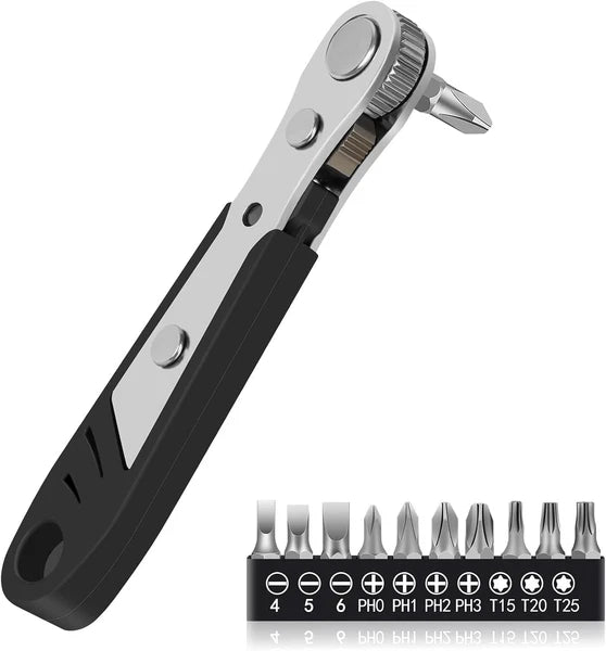 10-In-1 Angled Ratchet Screwdriver Set，90 Degree Right Angle, Black