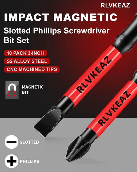 10-PCS 3" Long Magnetic Screwdriver Bits Set: Phillips Bits #1/#2/#3 & Slotted
