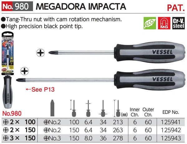 VESSEL Megadora impactor driver +2,+3 100mm-150mm No.980 made in Japan
