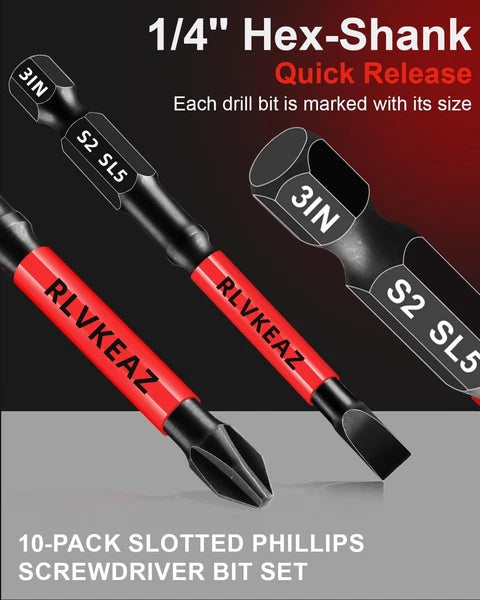 10-PCS 3" Long Magnetic Screwdriver Bits Set: Phillips Bits #1/#2/#3 & Slotted