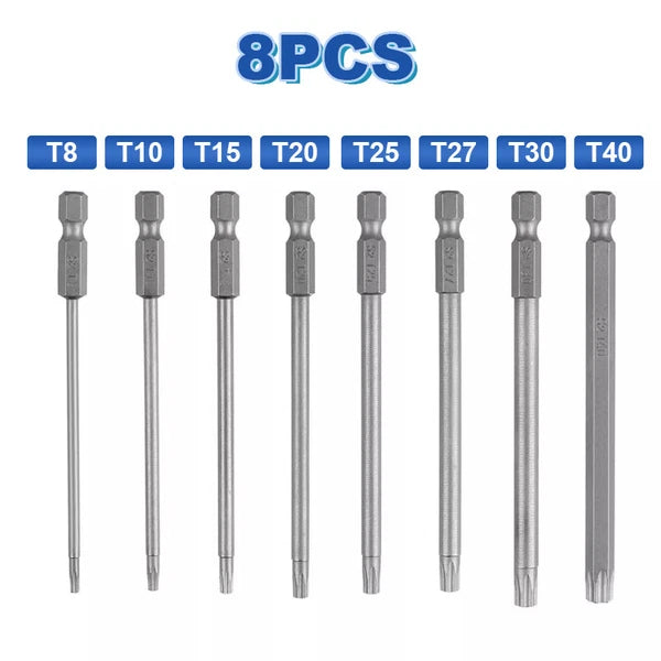 8pcs Torx Screwdriver Bit Set Hex Security Magnetic Head 100MM Extra Long HOT