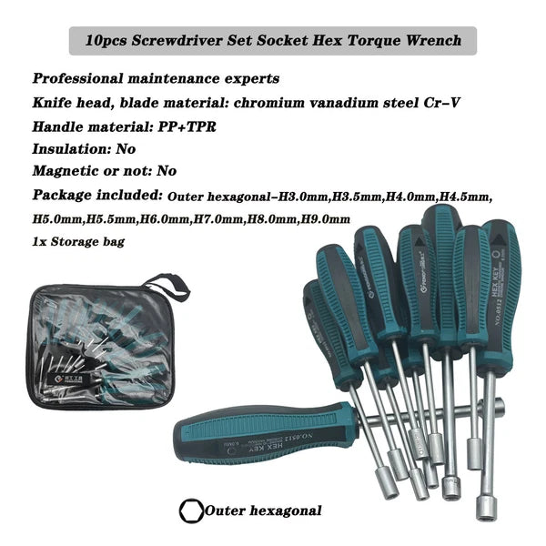 10pcs Screwdriver Set Socket Hex Torque Wrench Multitool Hex 3-9MM Repair Tools